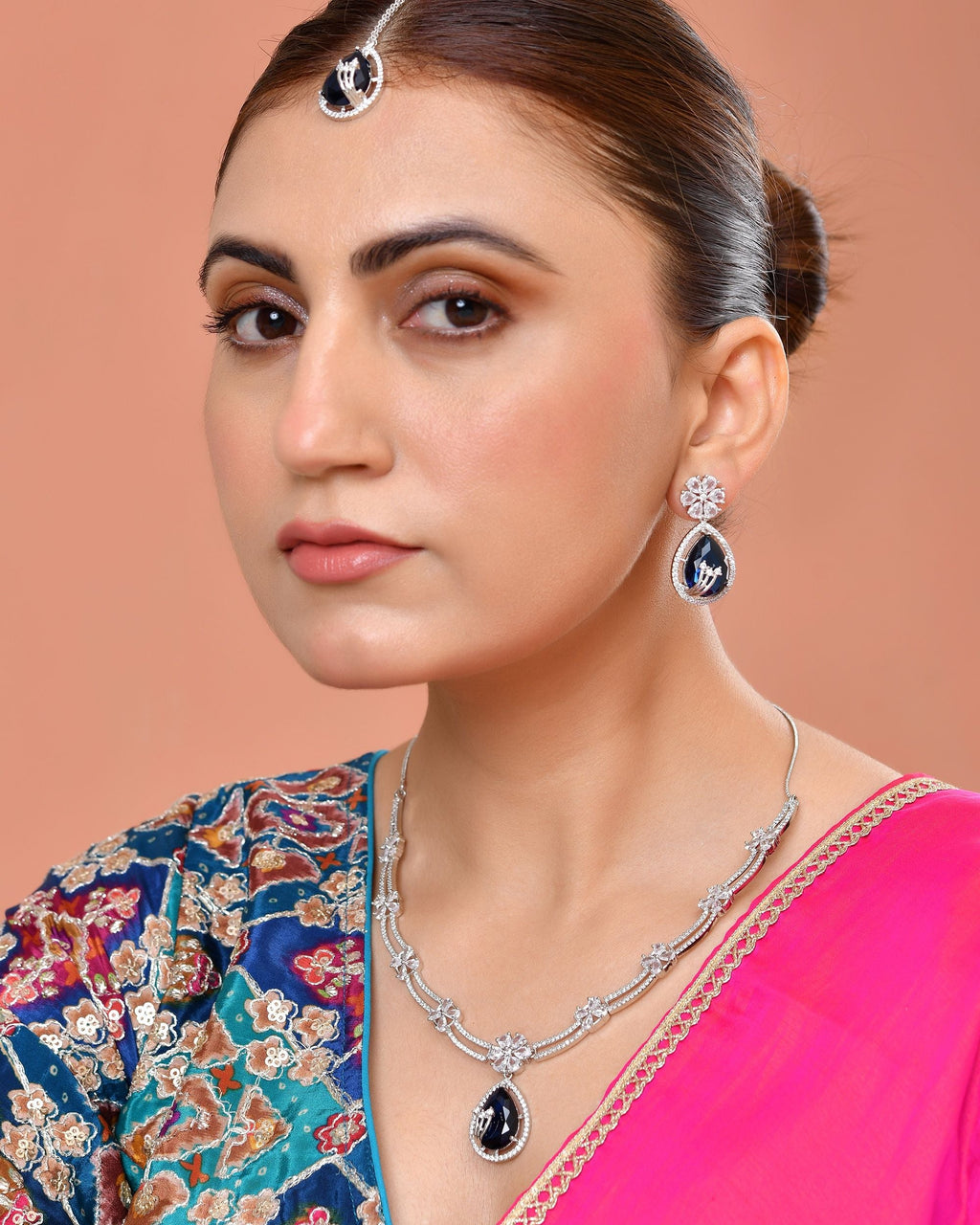 VOJ Silver Plated Blue Tear Drop Shaped Stone And Ad Stone Jewellery Set With Maang Tikka | Grocsy