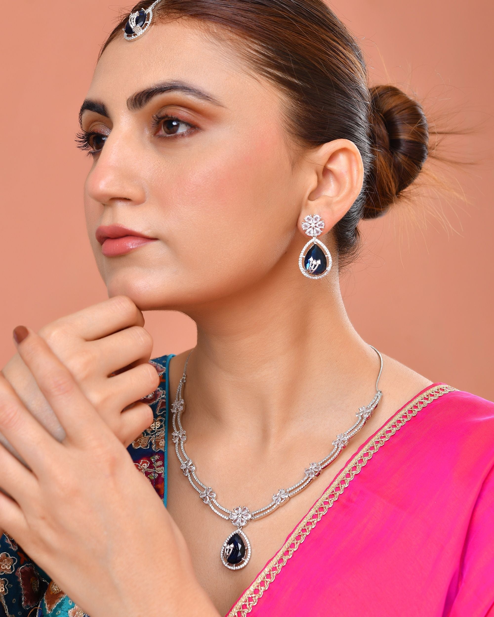 VOJ Silver Plated Blue Tear Drop Shaped Stone And Ad Stone Jewellery Set With Maang Tikka | Grocsy