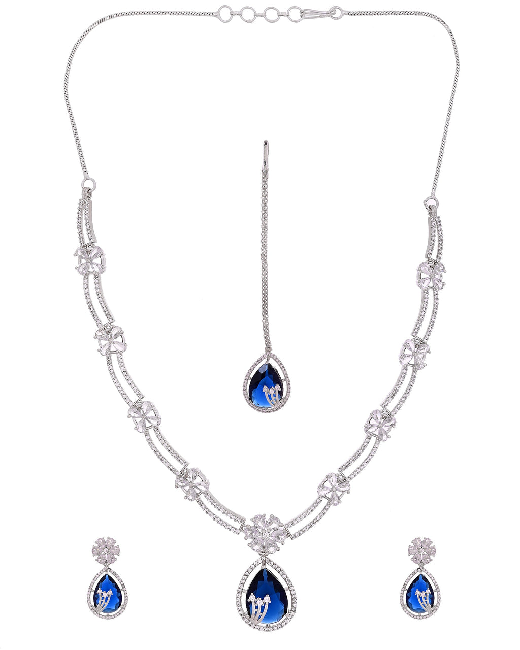 VOJ Silver Plated Blue Tear Drop Shaped Stone And Ad Stone Jewellery Set With Maang Tikka | Grocsy
