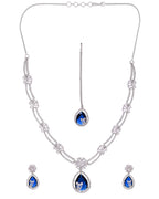VOJ Silver Plated Blue Tear Drop Shaped Stone And Ad Stone Jewellery Set With Maang Tikka | Grocsy