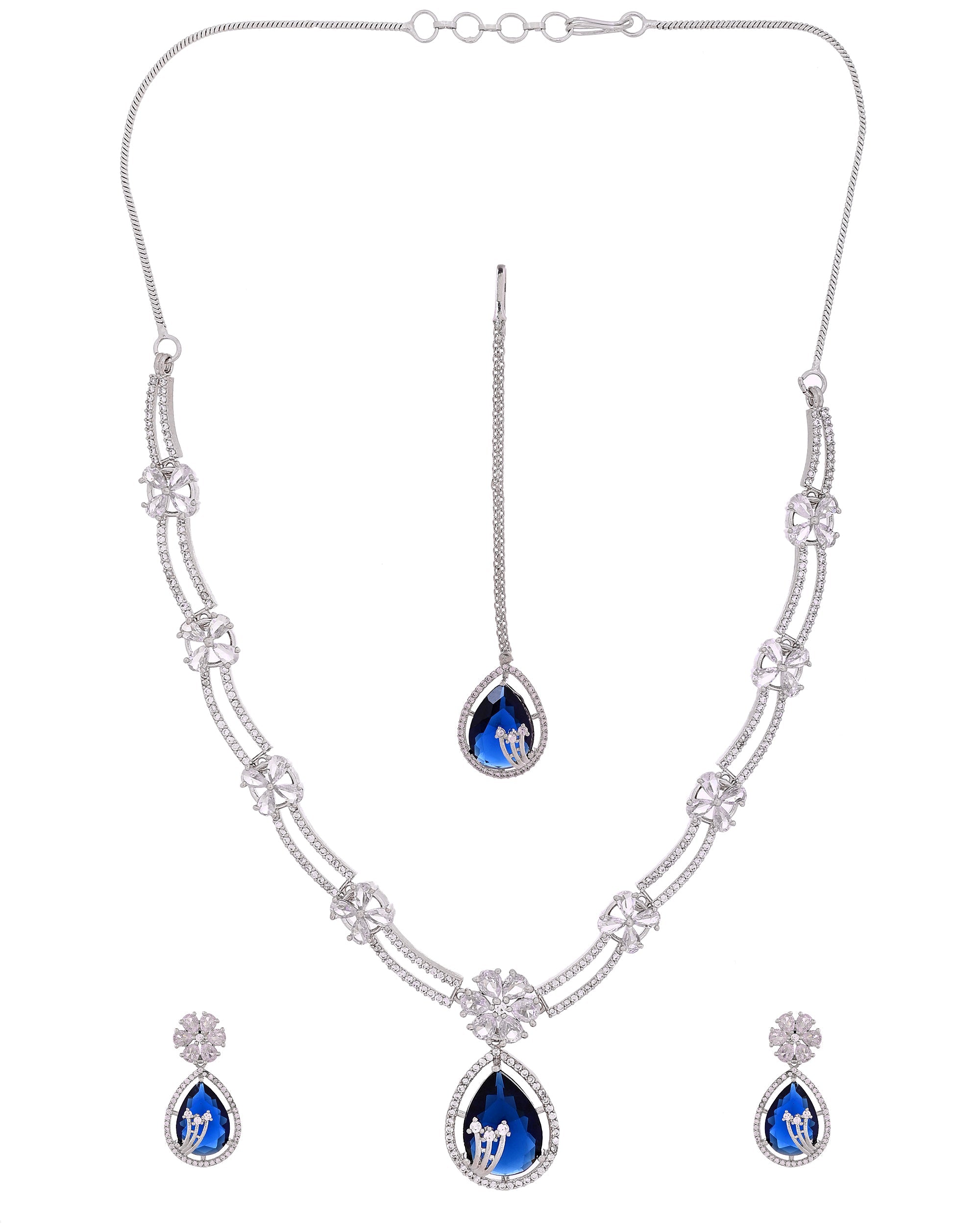 VOJ Silver Plated Blue Tear Drop Shaped Stone And Ad Stone Jewellery Set With Maang Tikka | Grocsy