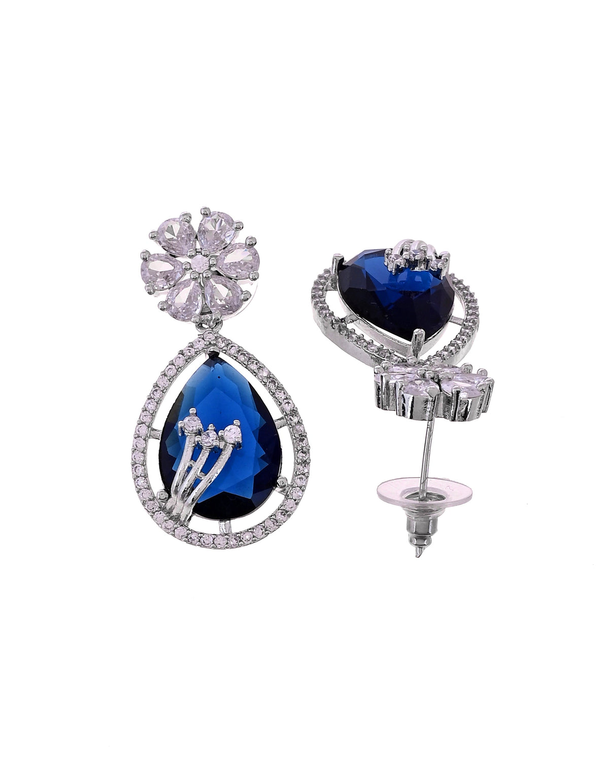 VOJ Silver Plated Blue Tear Drop Shaped Stone And Ad Stone Jewellery Set With Maang Tikka | Grocsy