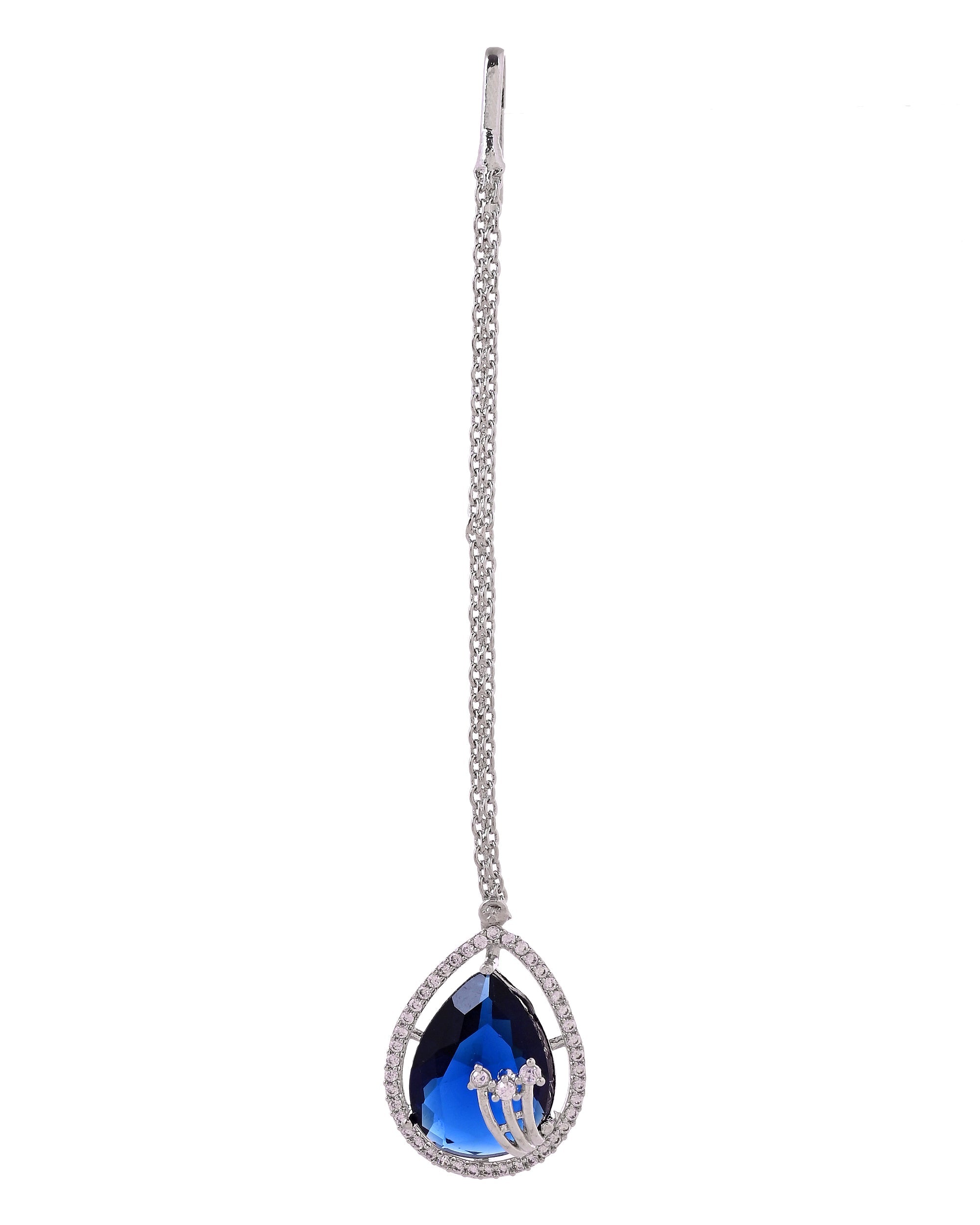 VOJ Silver Plated Blue Tear Drop Shaped Stone And Ad Stone Jewellery Set With Maang Tikka | Grocsy