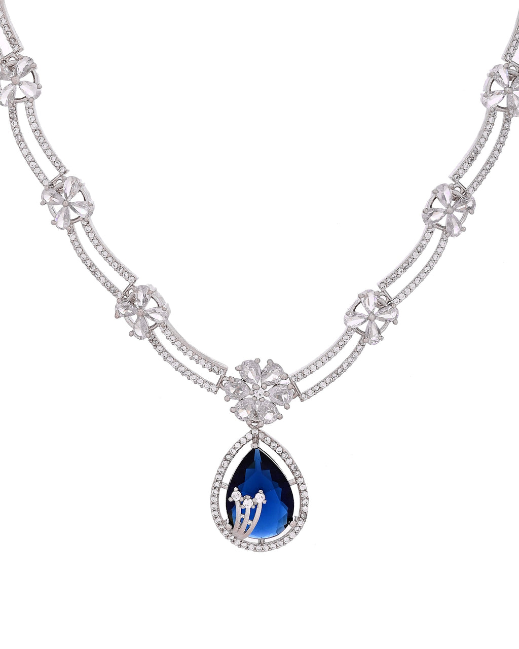 VOJ Silver Plated Blue Tear Drop Shaped Stone And Ad Stone Jewellery Set With Maang Tikka | Grocsy