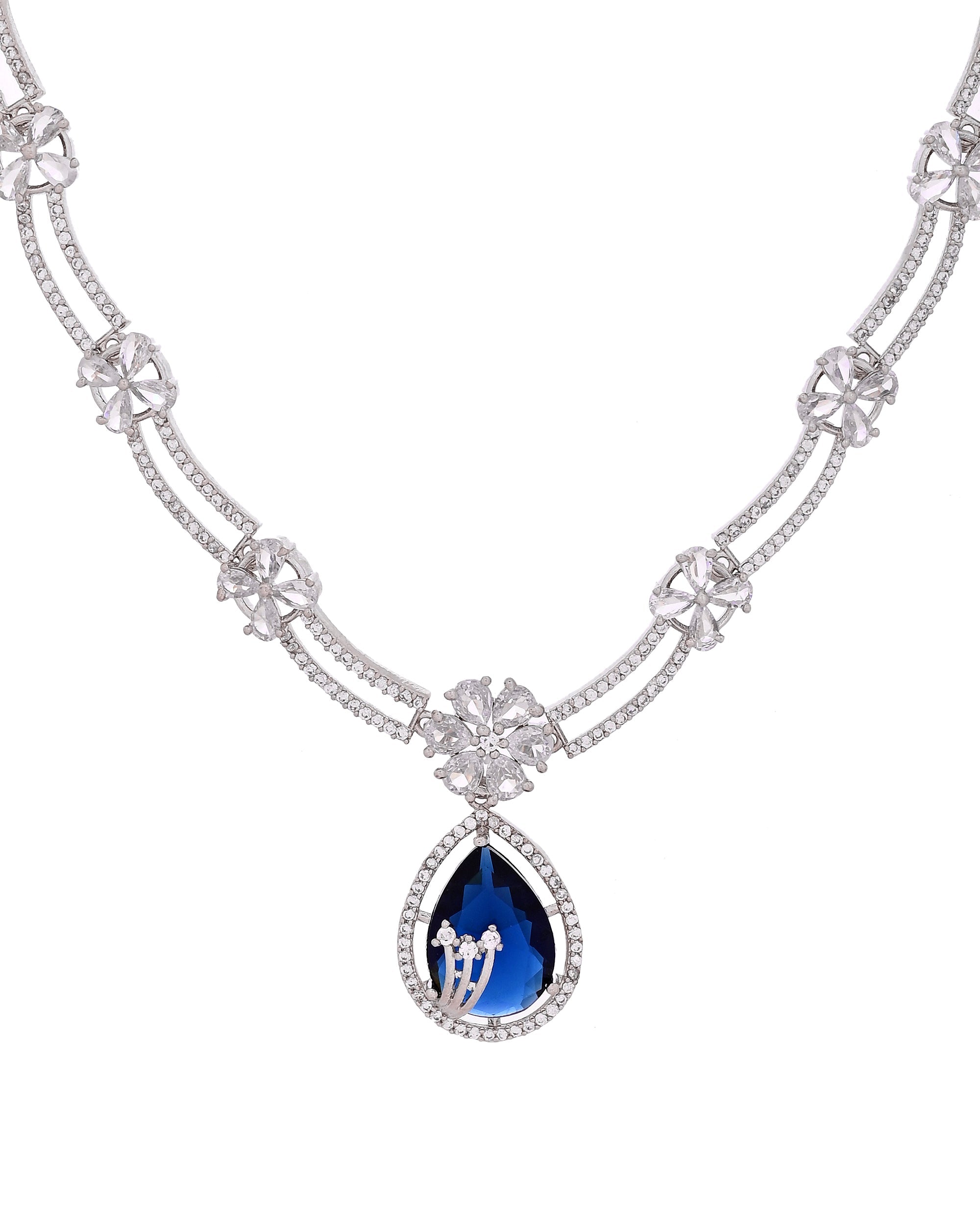 VOJ Silver Plated Blue Tear Drop Shaped Stone And Ad Stone Jewellery Set With Maang Tikka | Grocsy