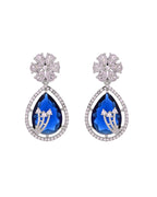 VOJ Silver Plated Blue Tear Drop Shaped Stone And Ad Stone Jewellery Set With Maang Tikka | Grocsy