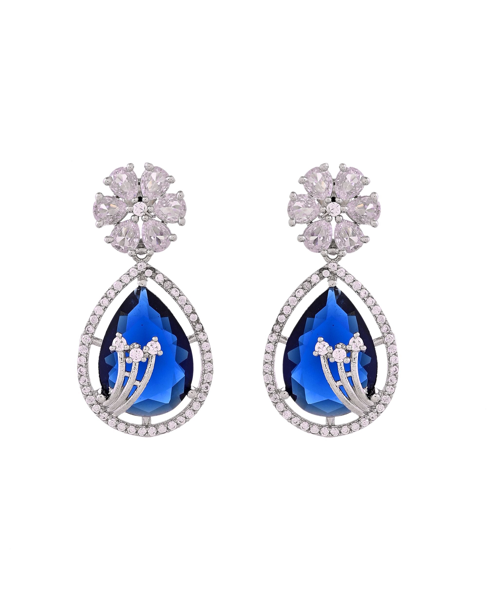 VOJ Silver Plated Blue Tear Drop Shaped Stone And Ad Stone Jewellery Set With Maang Tikka | Grocsy