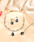 VOJ Silver Plated Blue Tear Drop Shaped Stone And Ad Stone Jewellery Set With Maang Tikka | Grocsy