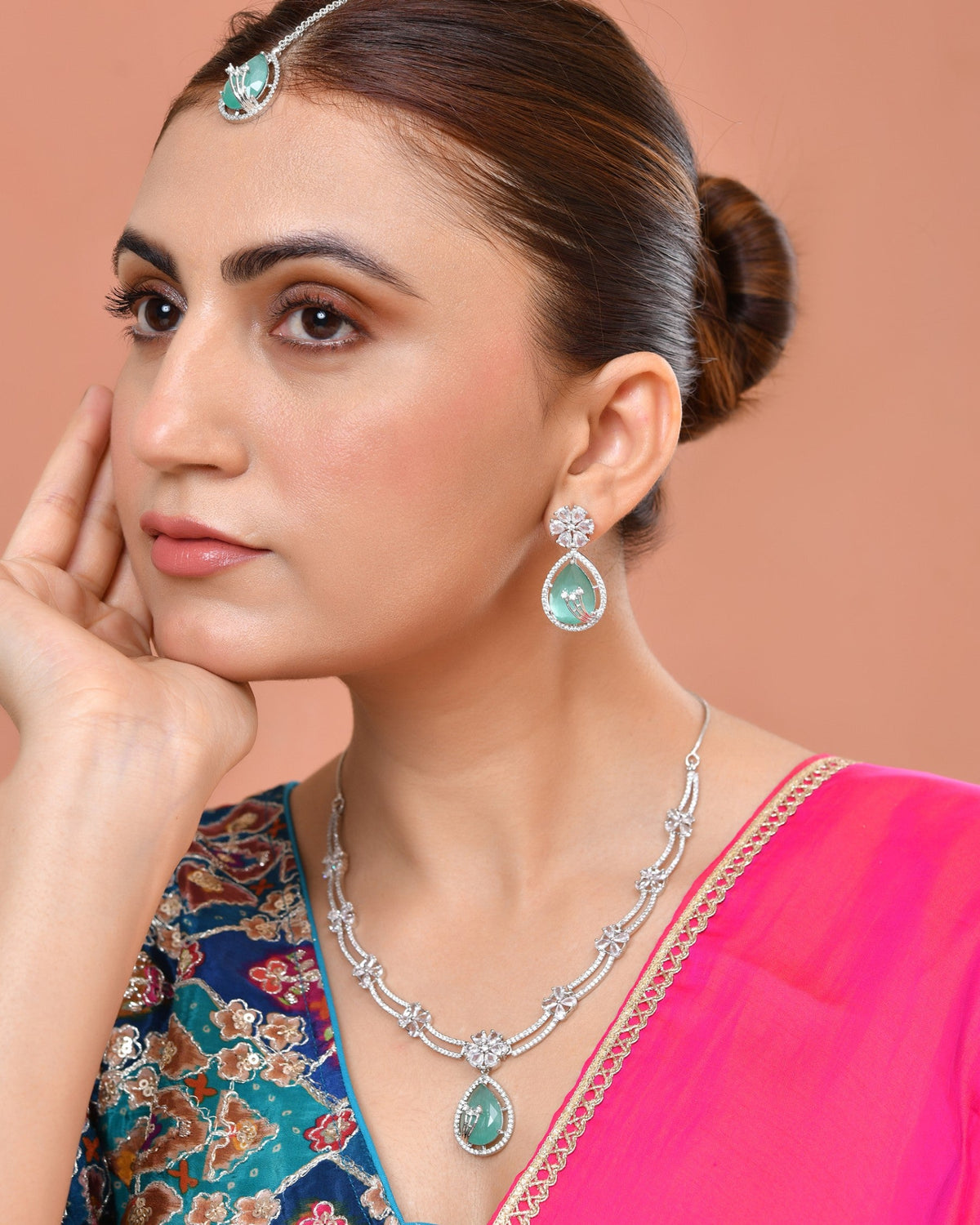 VOJ Silver Plated Teal Green Teardrop Shaped Stone And Ad Stone Jewellery Set With Maang Tikka | Grocsy