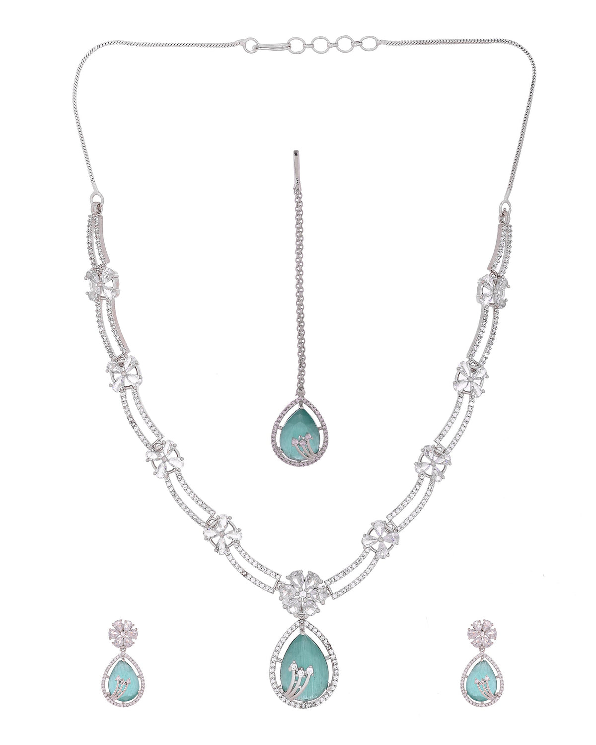 VOJ Silver Plated Teal Green Teardrop Shaped Stone And Ad Stone Jewellery Set With Maang Tikka | Grocsy