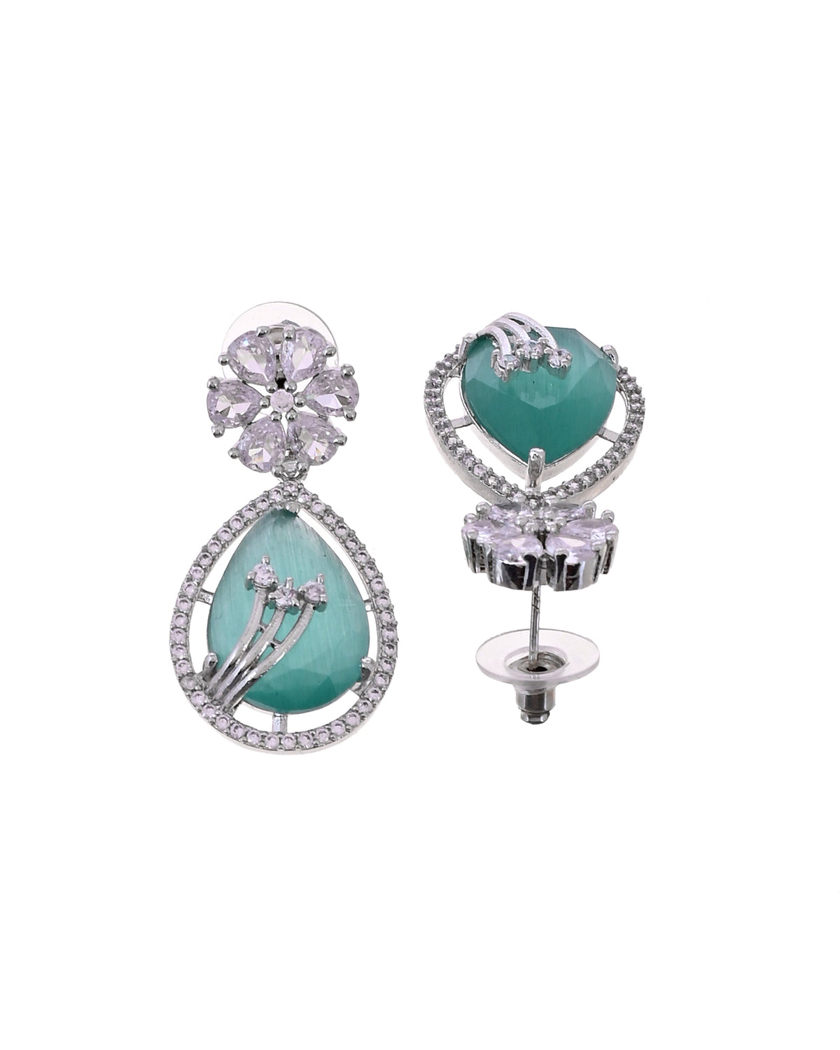 VOJ Silver Plated Teal Green Teardrop Shaped Stone And Ad Stone Jewellery Set With Maang Tikka | Grocsy