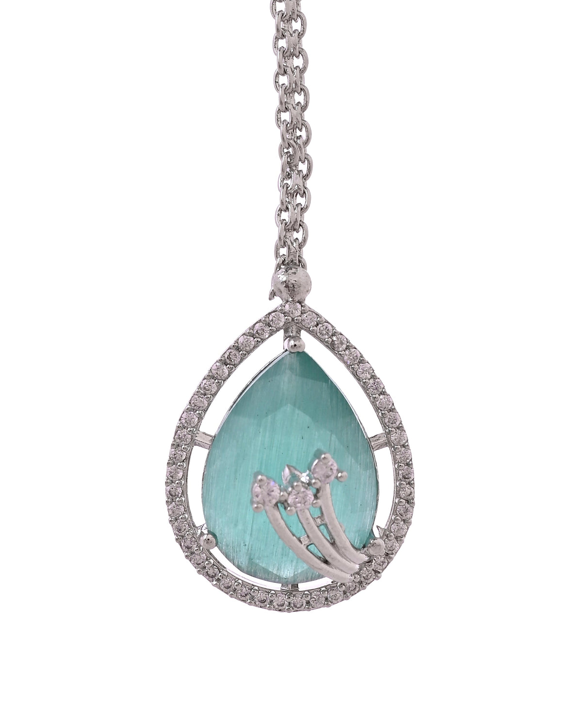 VOJ Silver Plated Teal Green Teardrop Shaped Stone And Ad Stone Jewellery Set With Maang Tikka | Grocsy