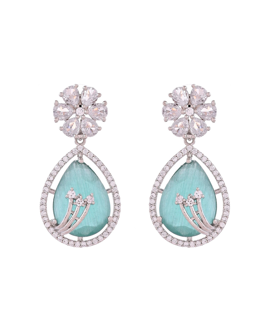 VOJ Silver Plated Teal Green Teardrop Shaped Stone And Ad Stone Jewellery Set With Maang Tikka | Grocsy