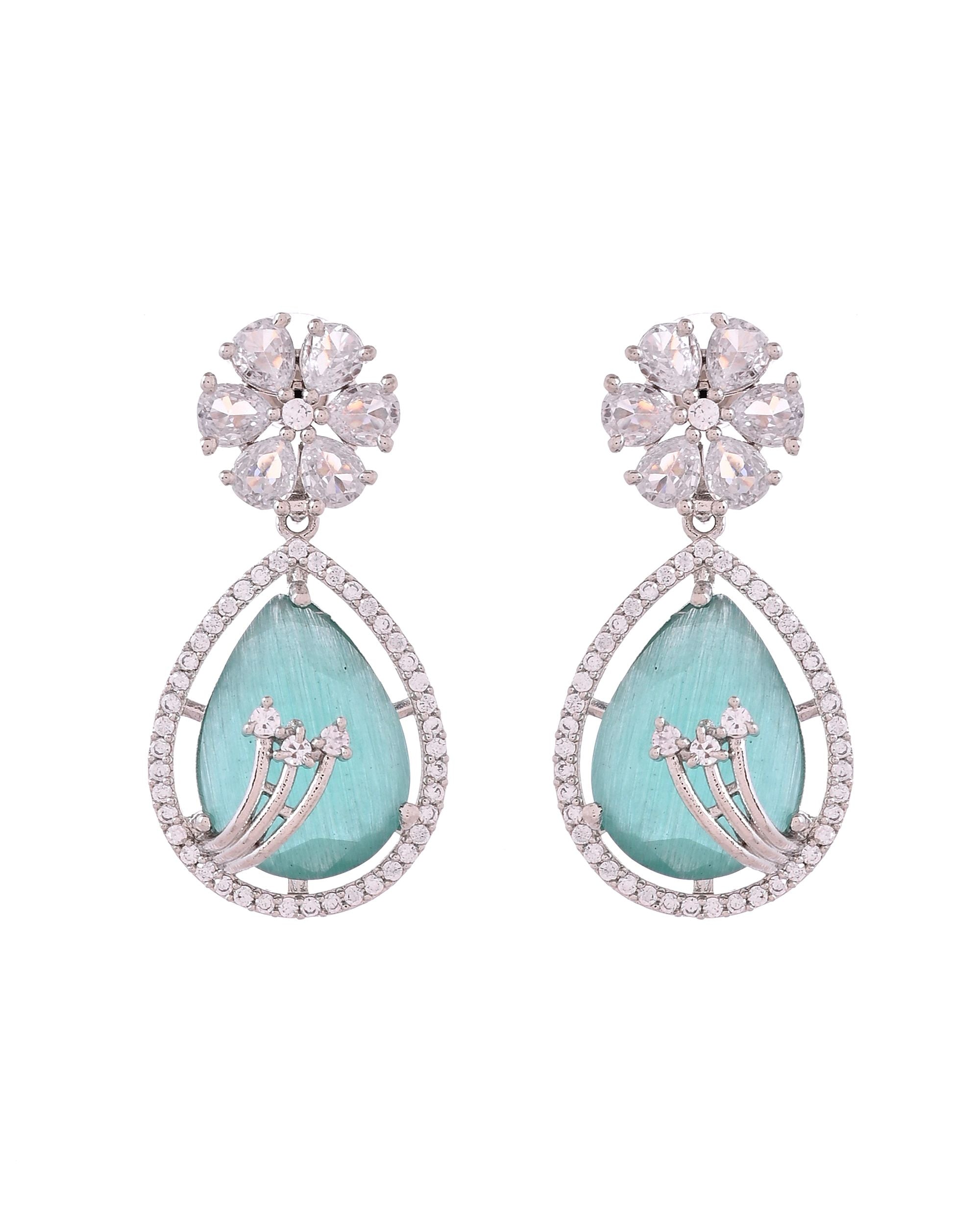 VOJ Silver Plated Teal Green Teardrop Shaped Stone And Ad Stone Jewellery Set With Maang Tikka | Grocsy