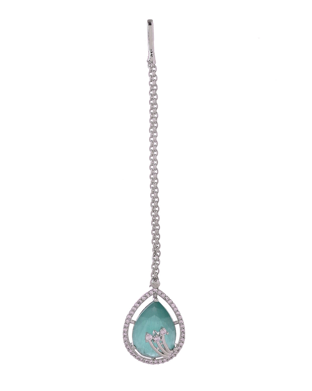 VOJ Silver Plated Teal Green Teardrop Shaped Stone And Ad Stone Jewellery Set With Maang Tikka | Grocsy