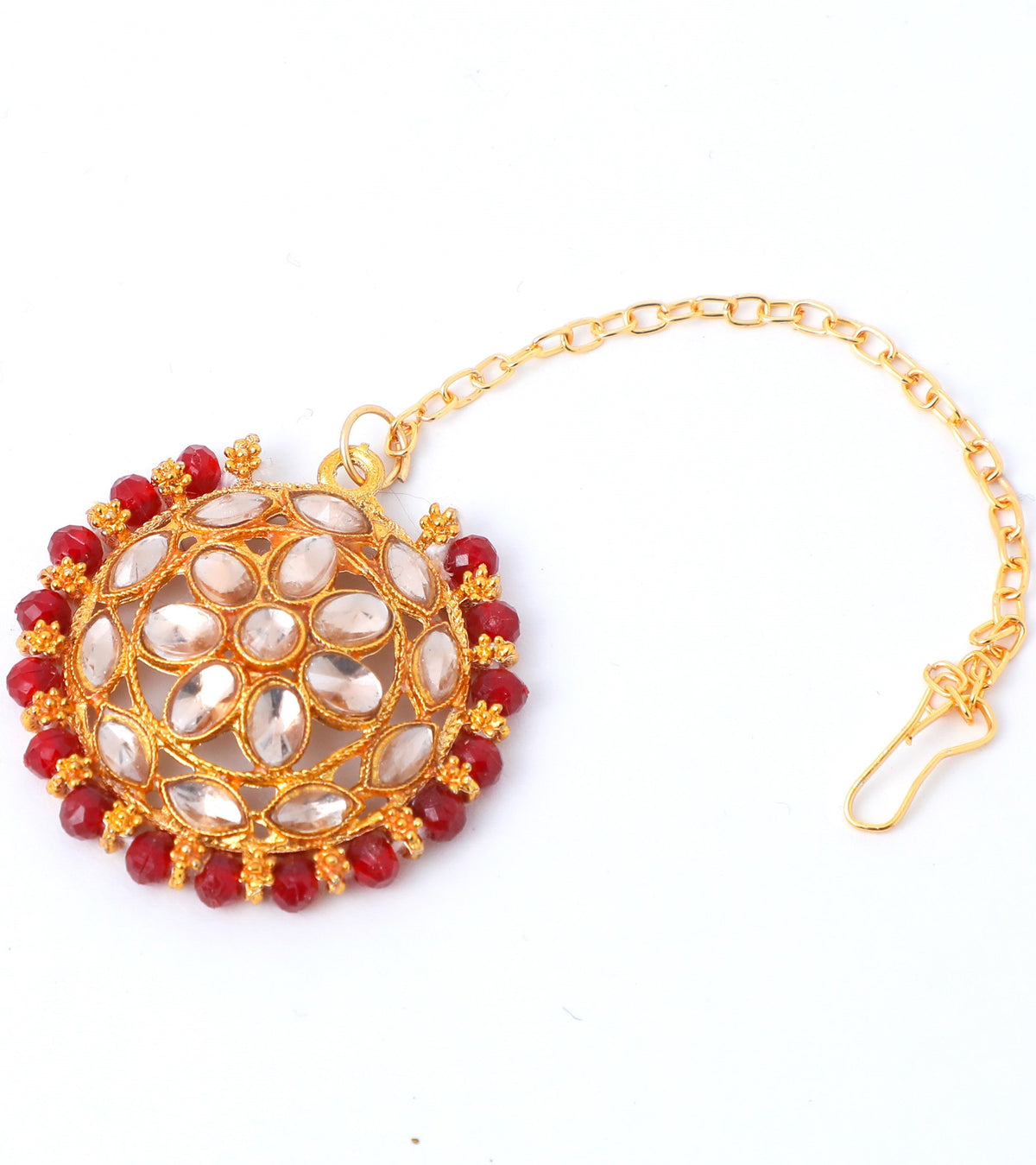 VOJ Gold-Polished Red Beads Kundan Choker Jewellery Set With Mang Tikka | Grocsy