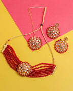 VOJ Gold-Polished Red Beads Kundan Choker Jewellery Set With Mang Tikka | Grocsy