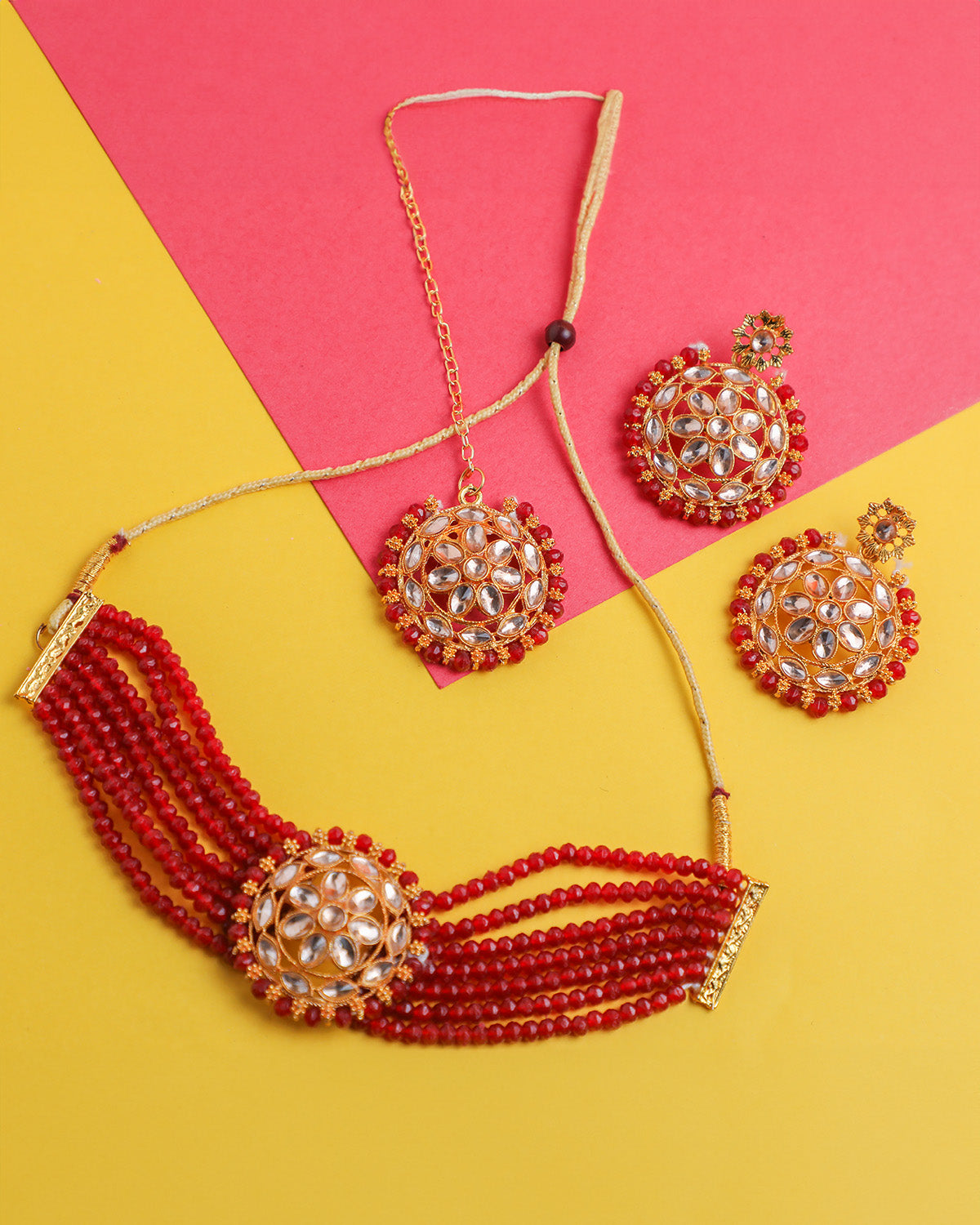 VOJ Gold-Polished Red Beads Kundan Choker Jewellery Set With Mang Tikka | Grocsy