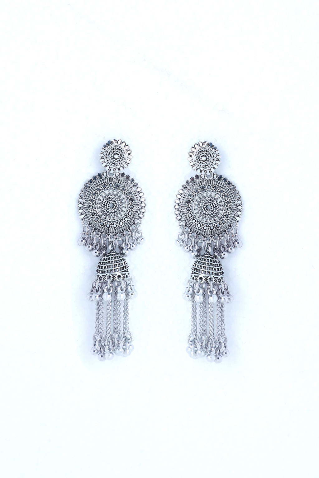 VOJ Silver Plated Oxidised Ghungharoo Studded Earrings