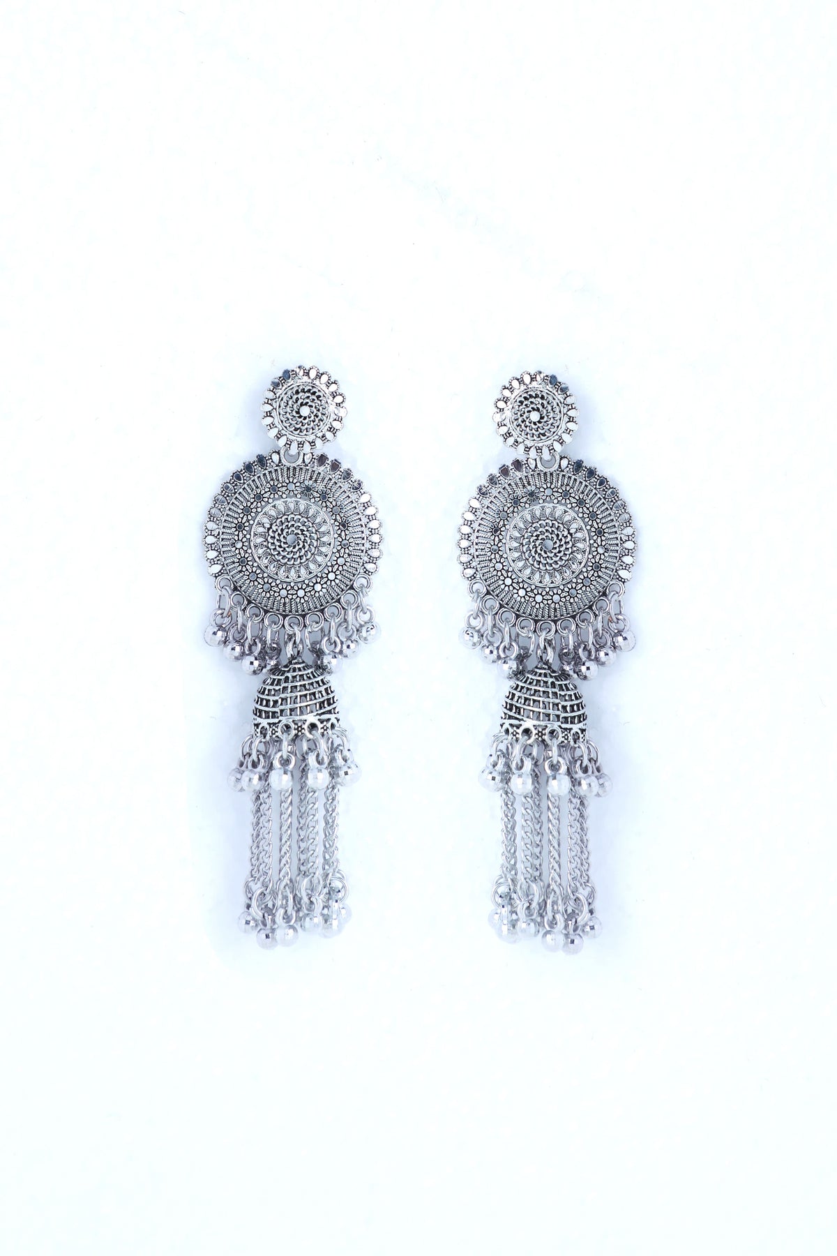 VOJ Silver Plated Oxidised Ghungharoo Studded Earrings