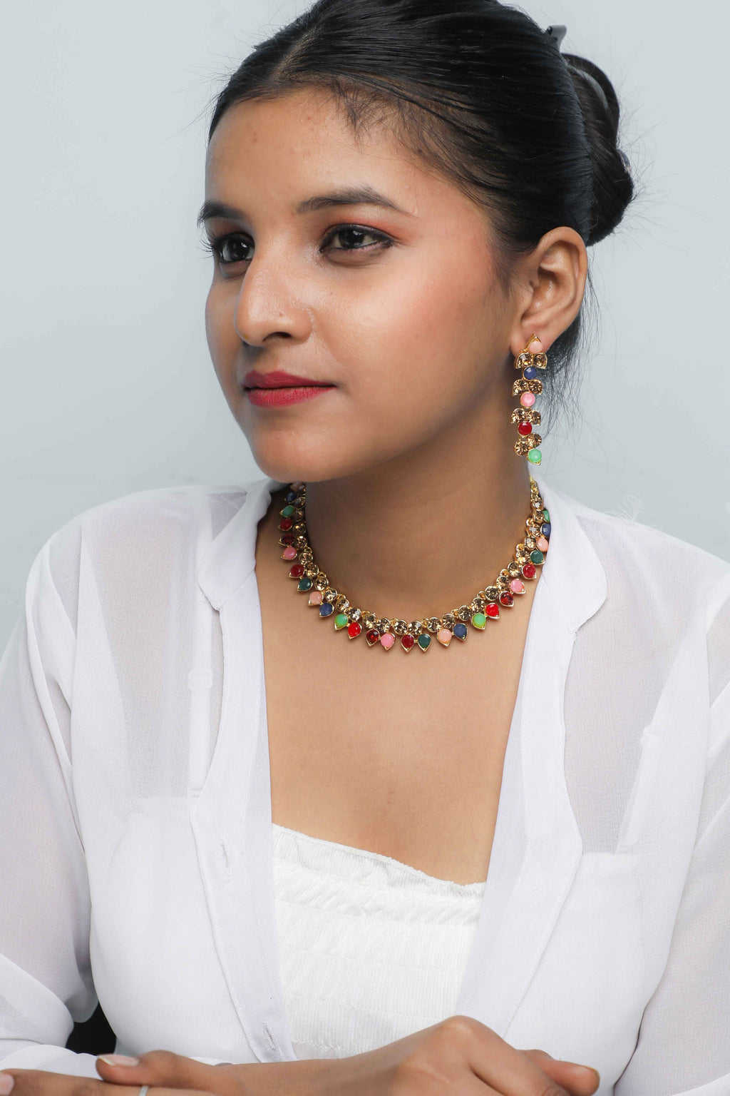 VOJ Gold-Polished Multi Colored Stone Studded Choker Necklace And Earring Set