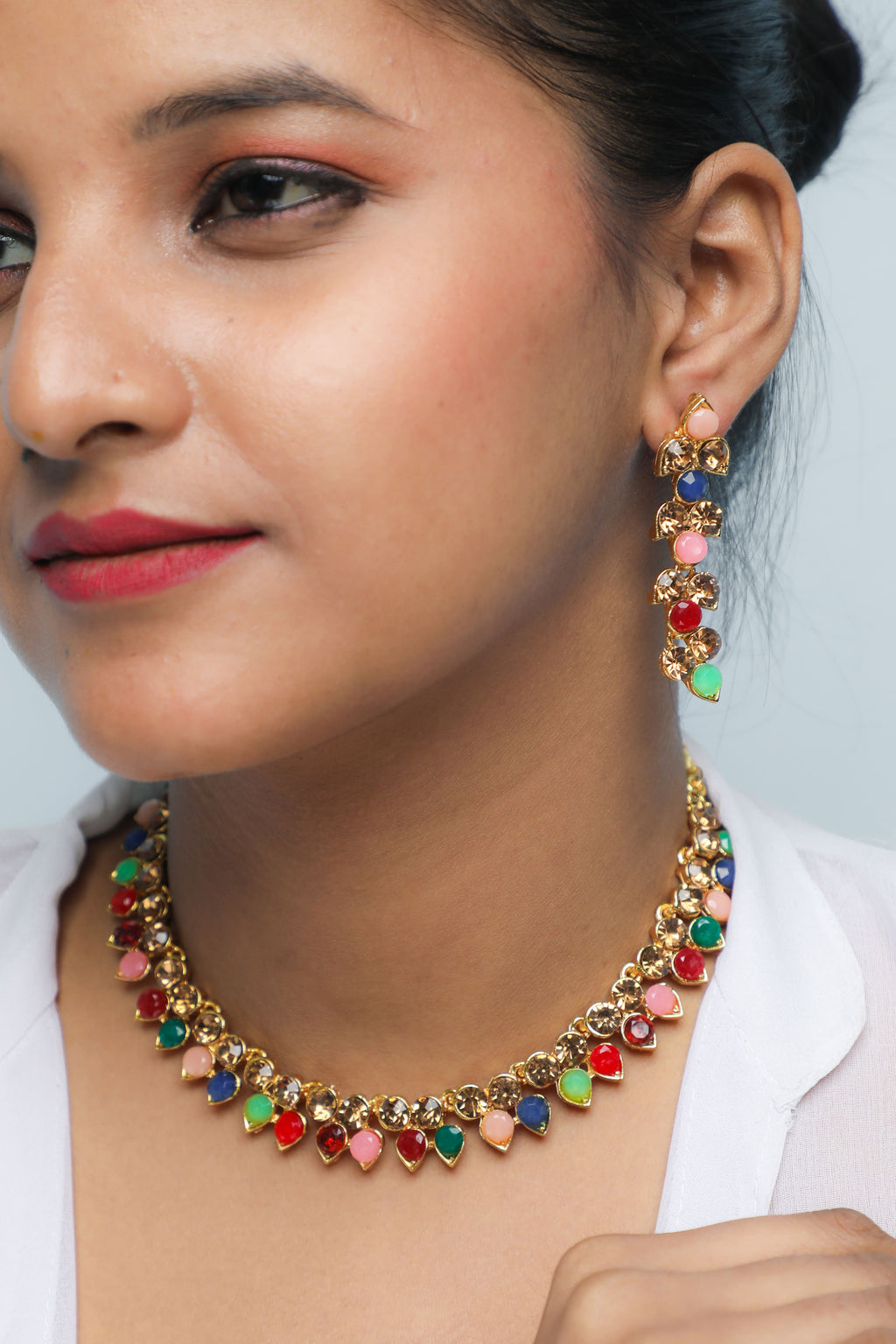 VOJ Gold-Polished Multi Colored Stone Studded Choker Necklace And Earring Set