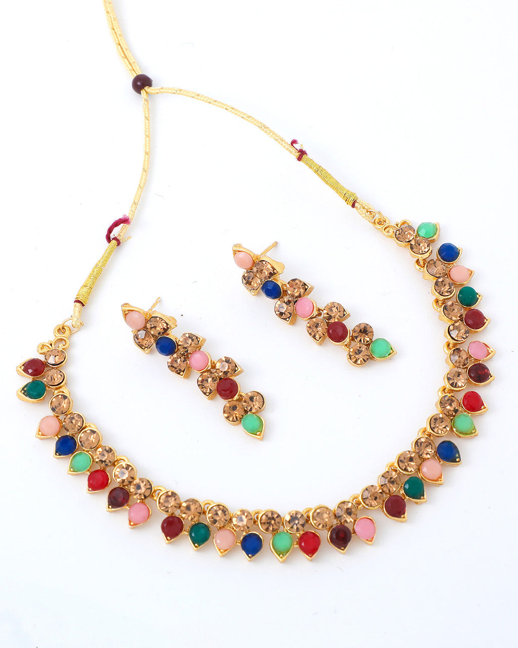 VOJ Gold-Polished Multi Colored Stone Studded Choker Necklace And Earring Set