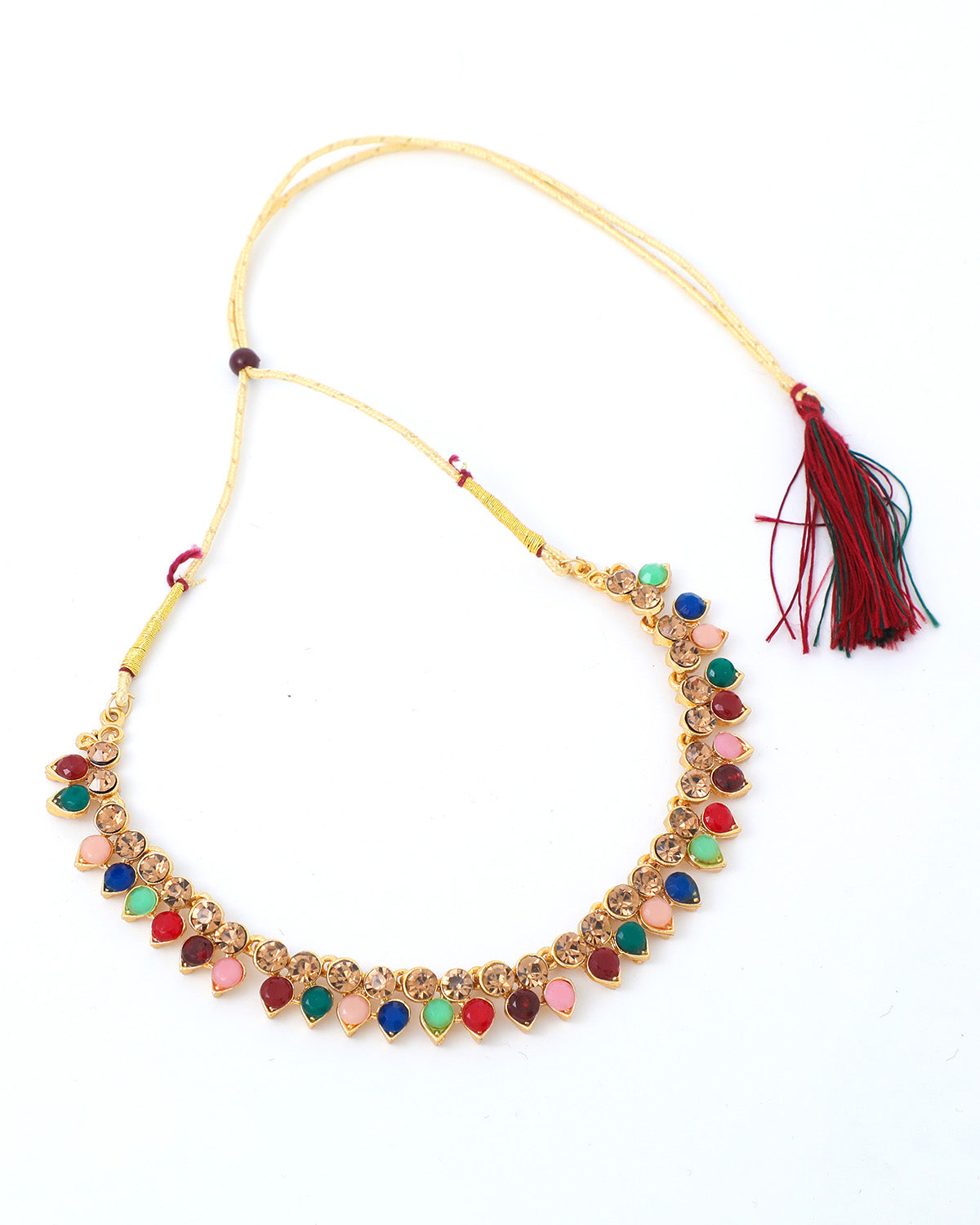 VOJ Gold-Polished Multi Colored Stone Studded Choker Necklace And Earring Set