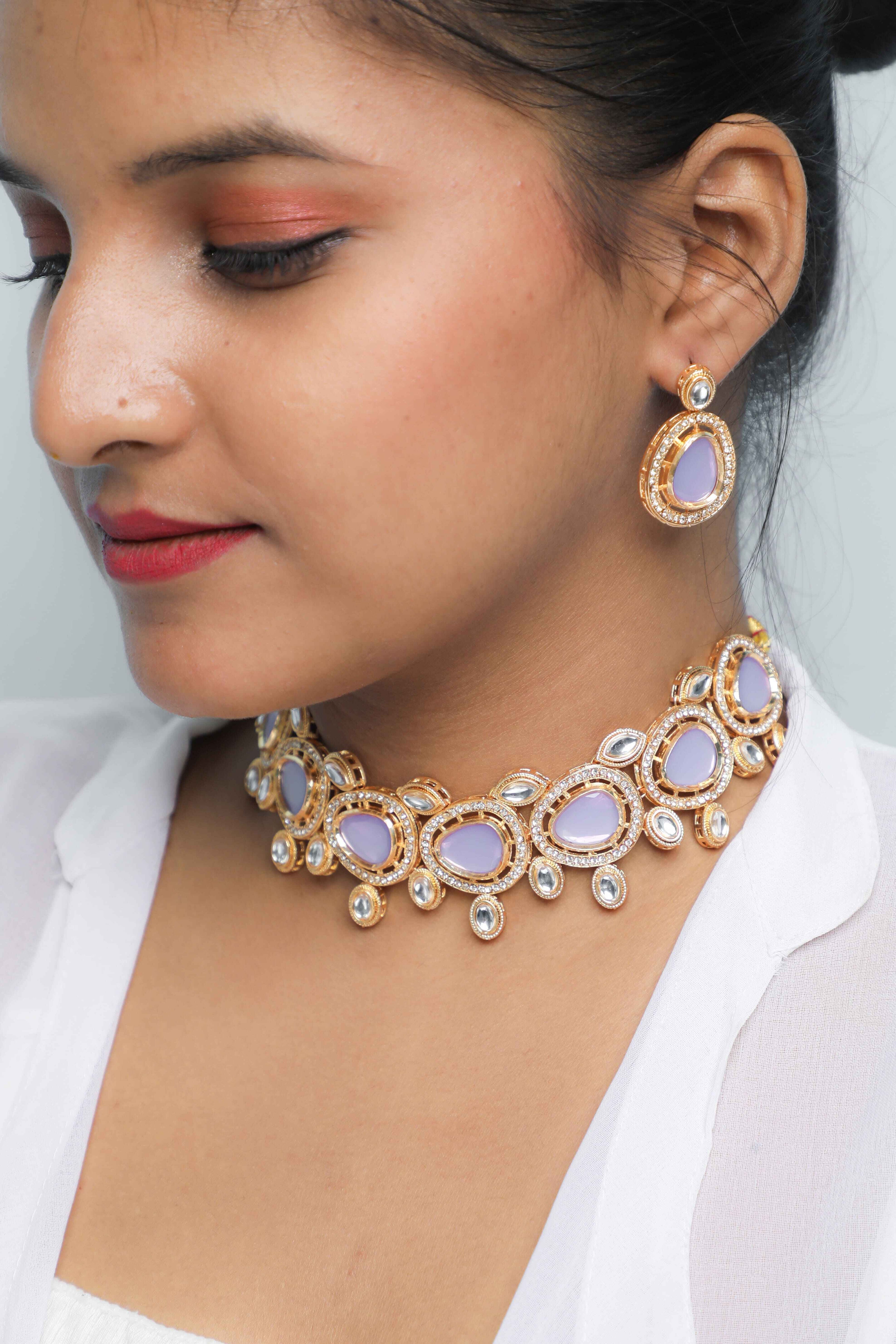 VOJ Gold-Polished Leavender Color Stone Kundan Studded Choker Jewellery Set | Grocsy