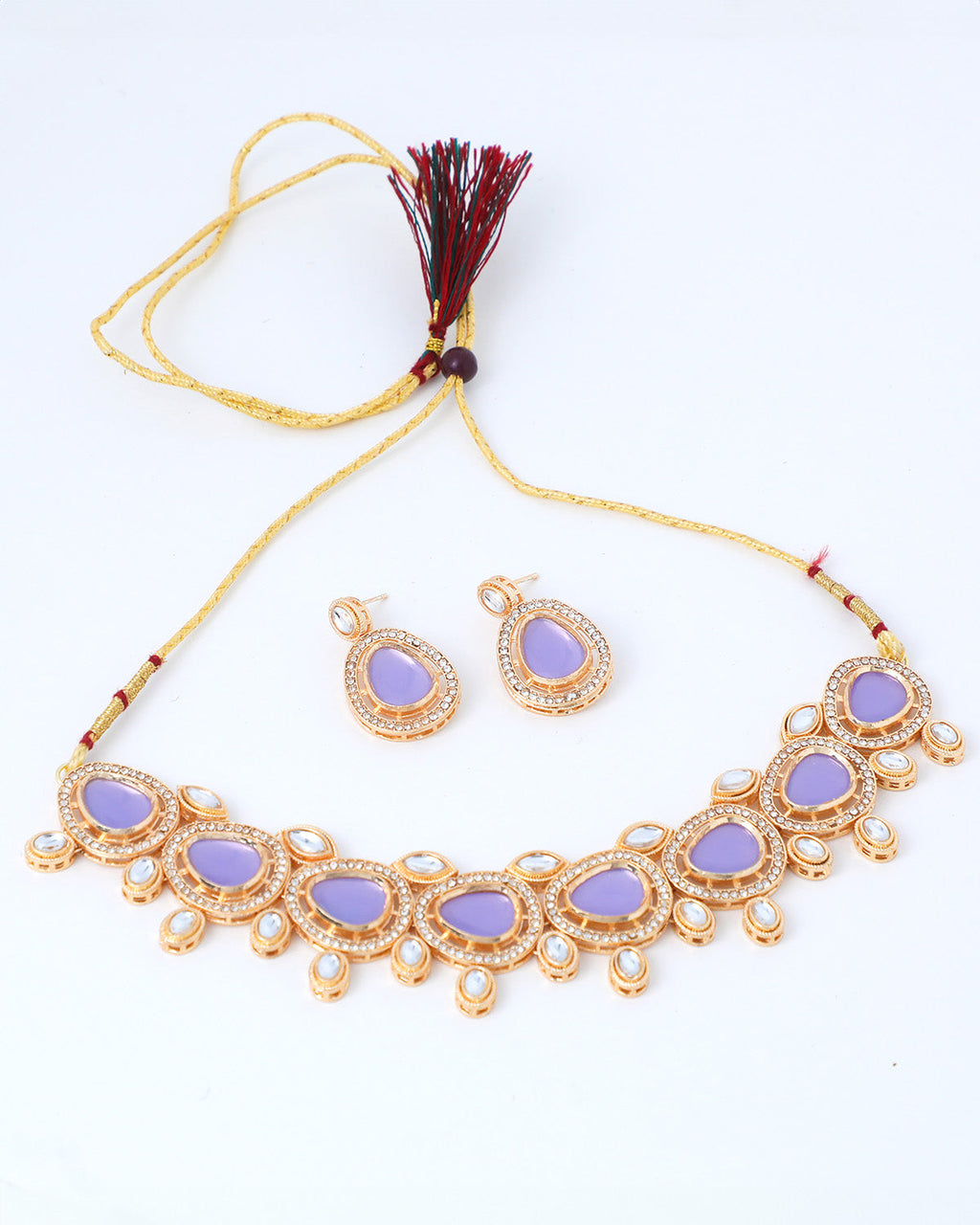 VOJ Gold-Polished Leavender Color Stone Kundan Studded Choker Jewellery Set | Grocsy