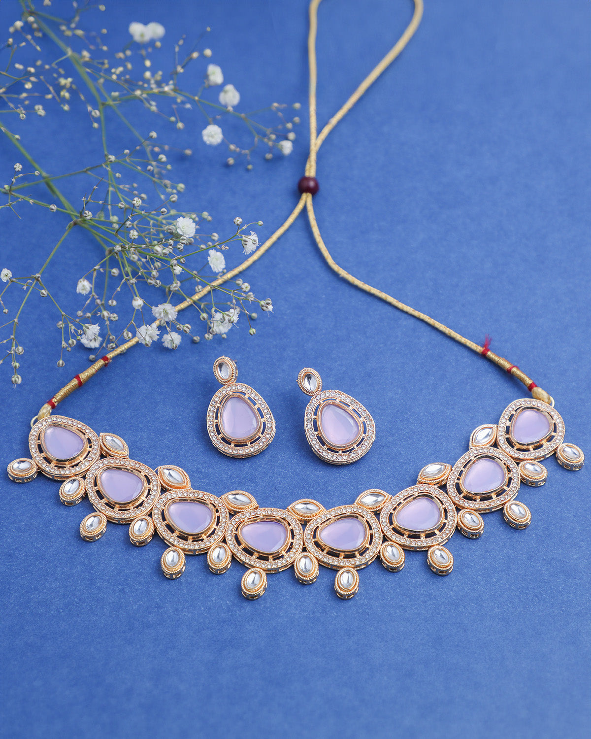 VOJ Gold-Polished Leavender Color Stone Kundan Studded Choker Jewellery Set | Grocsy