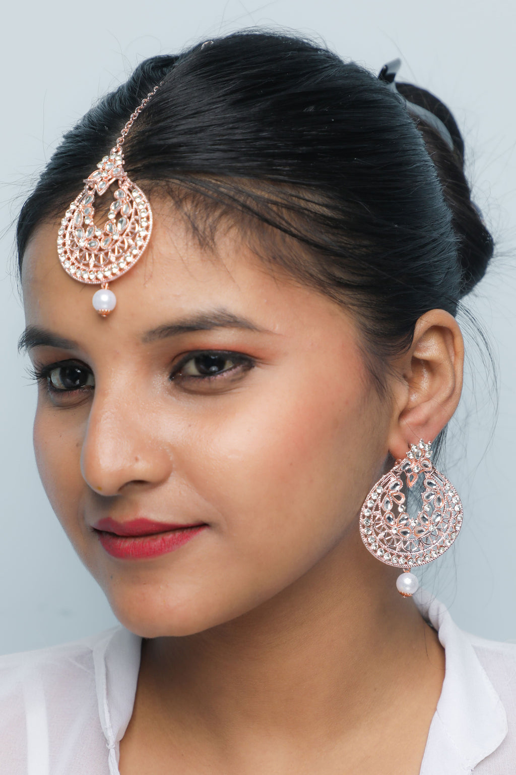 VOJ Gold-Polished With White Pearl And Stone Studded Earring With Mang Tikka Set