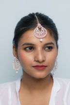 VOJ Gold-Polished With White Pearl And Stone Studded Earring With Mang Tikka Set
