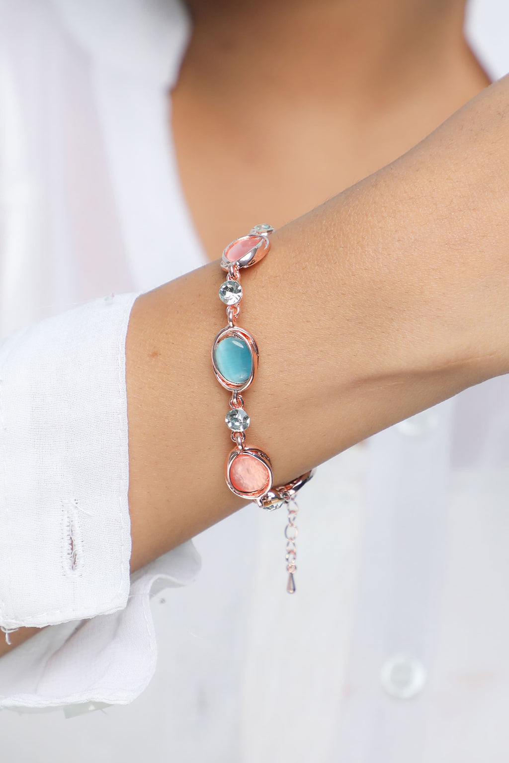 VOJ Gold-Polished Multi Colored Stone Studded Charm Bracelet | Grocsy