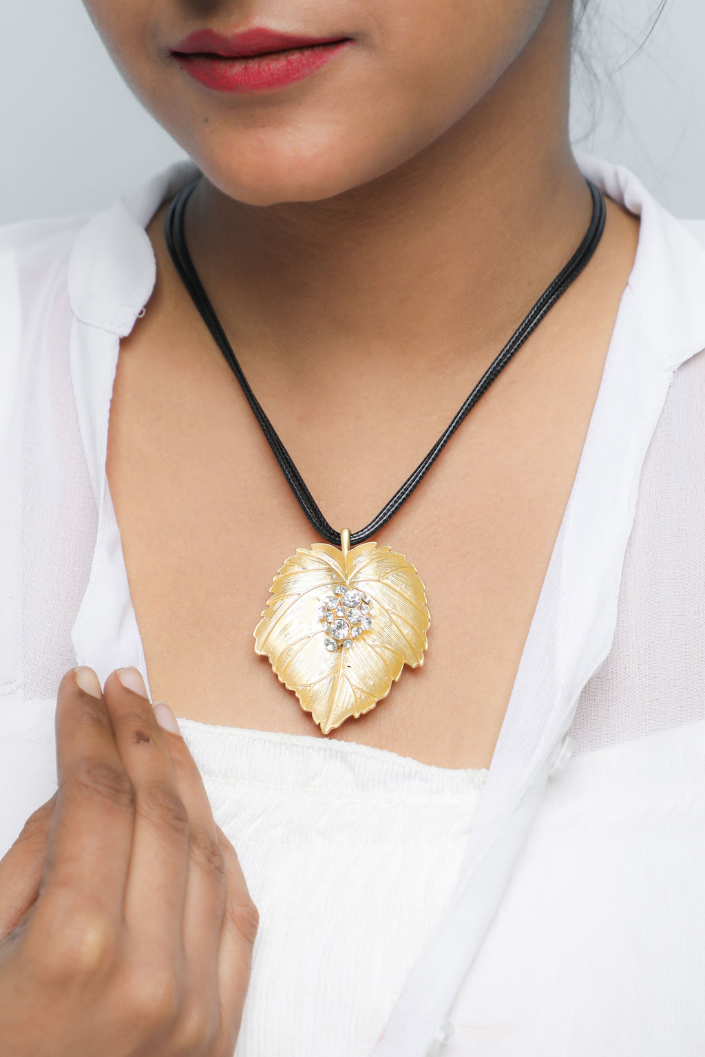 VOJ Leaf Shaped Gold Pandent With Black Necklace | Grocsy