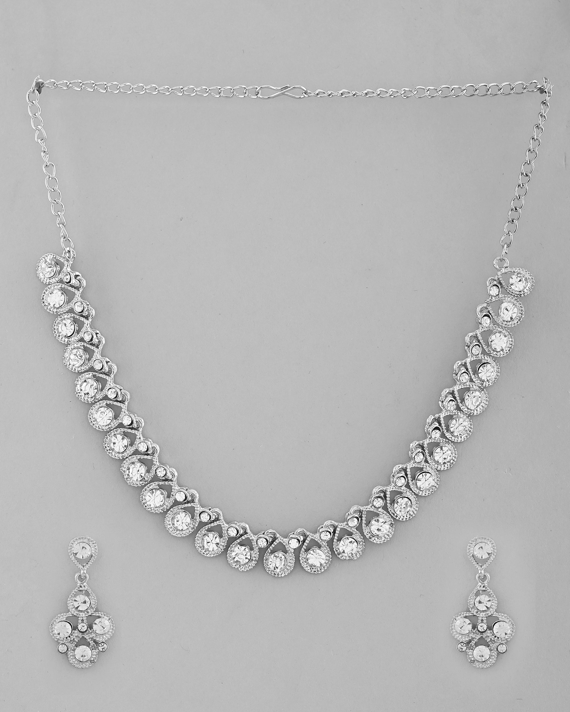 VOJ AD Stone Studded Silver Plated Necklace and Earrings Set | Grocsy