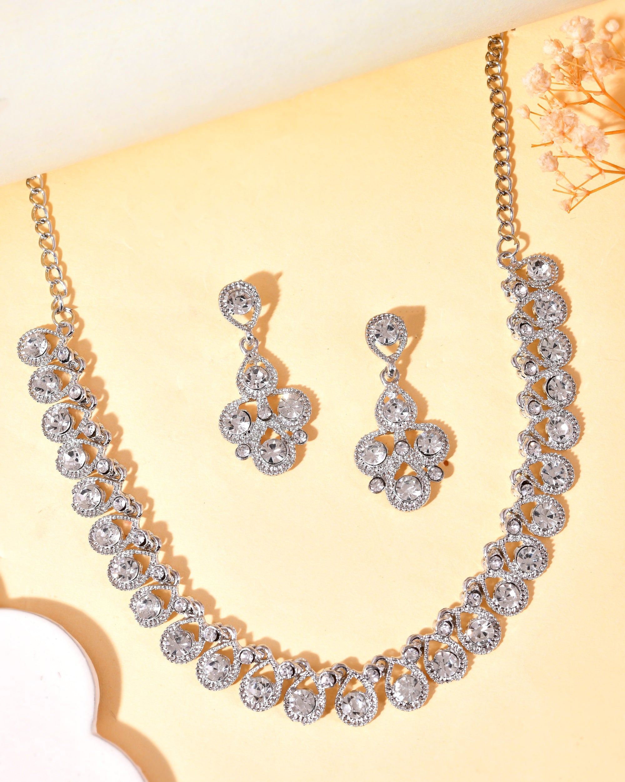 VOJ AD Stone Studded Silver Plated Necklace and Earrings Set | Grocsy