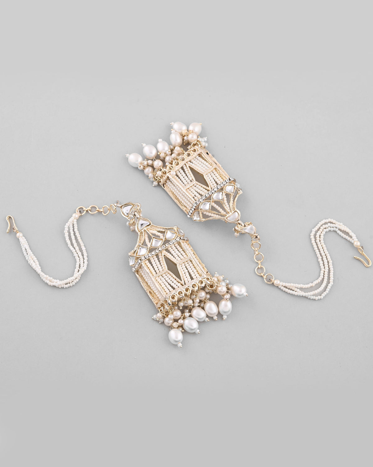 VOJ Gold-Polished Handcrafted Pearls Beaded ChandBali Earrings with Kan Chain