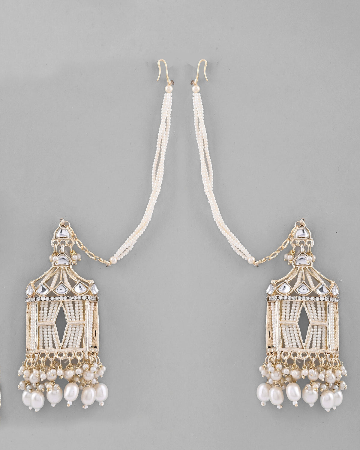 VOJ Gold-Polished Handcrafted Pearls Beaded ChandBali Earrings with Kan Chain