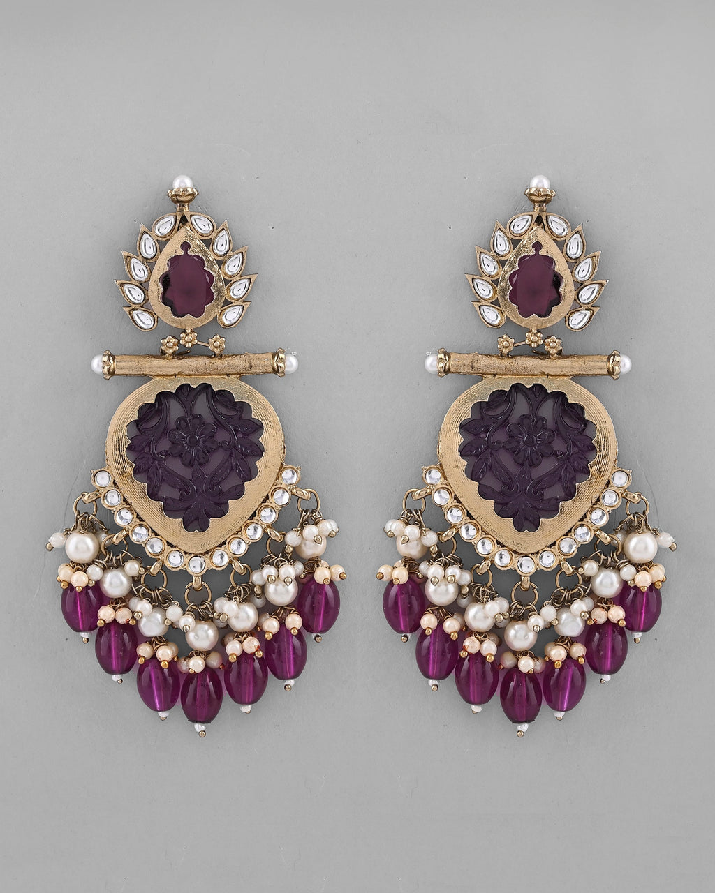 VOJ Gold-Polished Purple Colour Drop And Dangle Statement Earrings