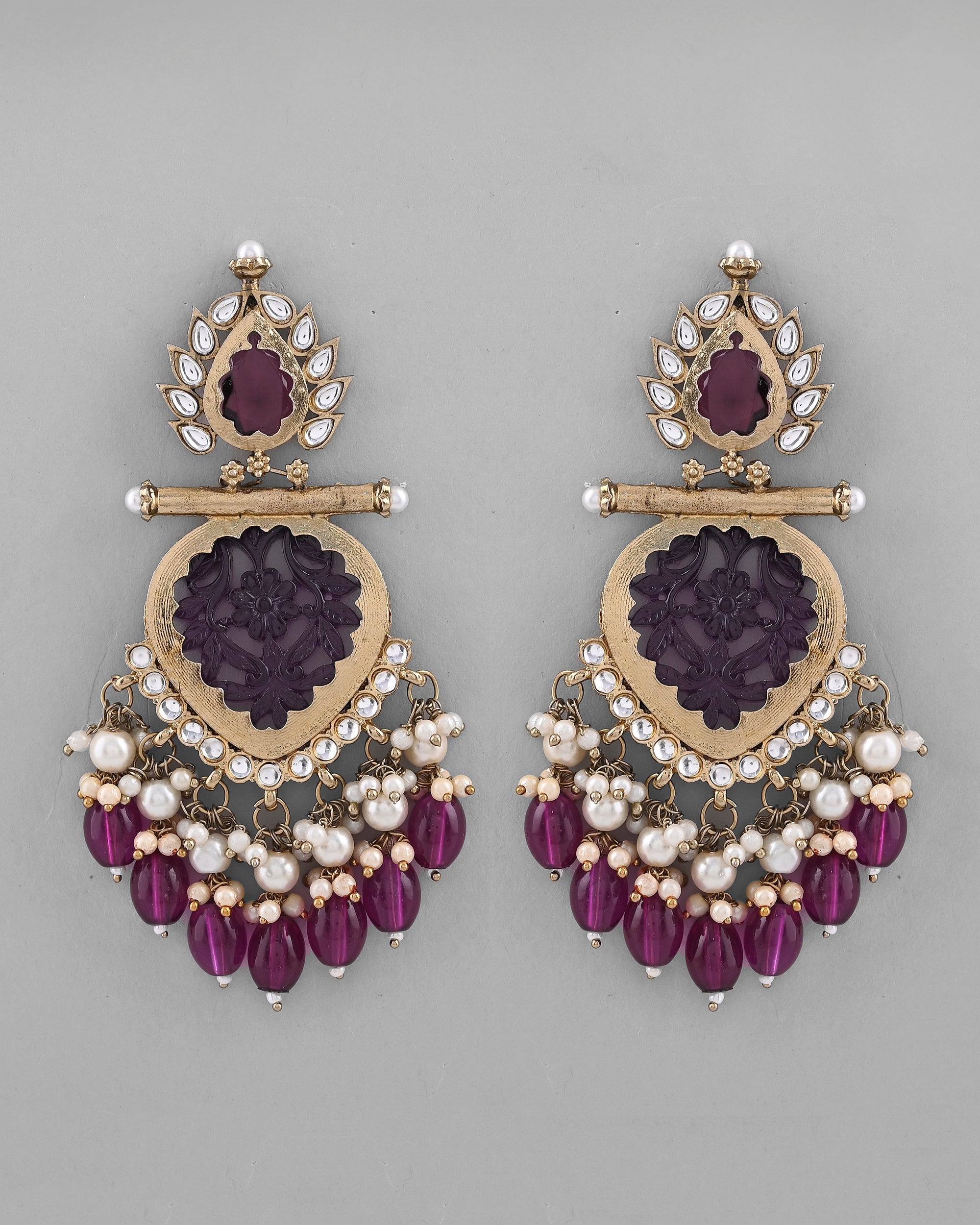 VOJ Gold-Polished Purple Colour Drop And Dangle Statement Earrings