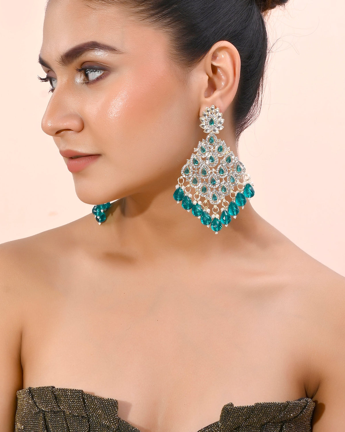 VOJ Traditional Gold-Polished Green & White AD Stone Statement Earrings