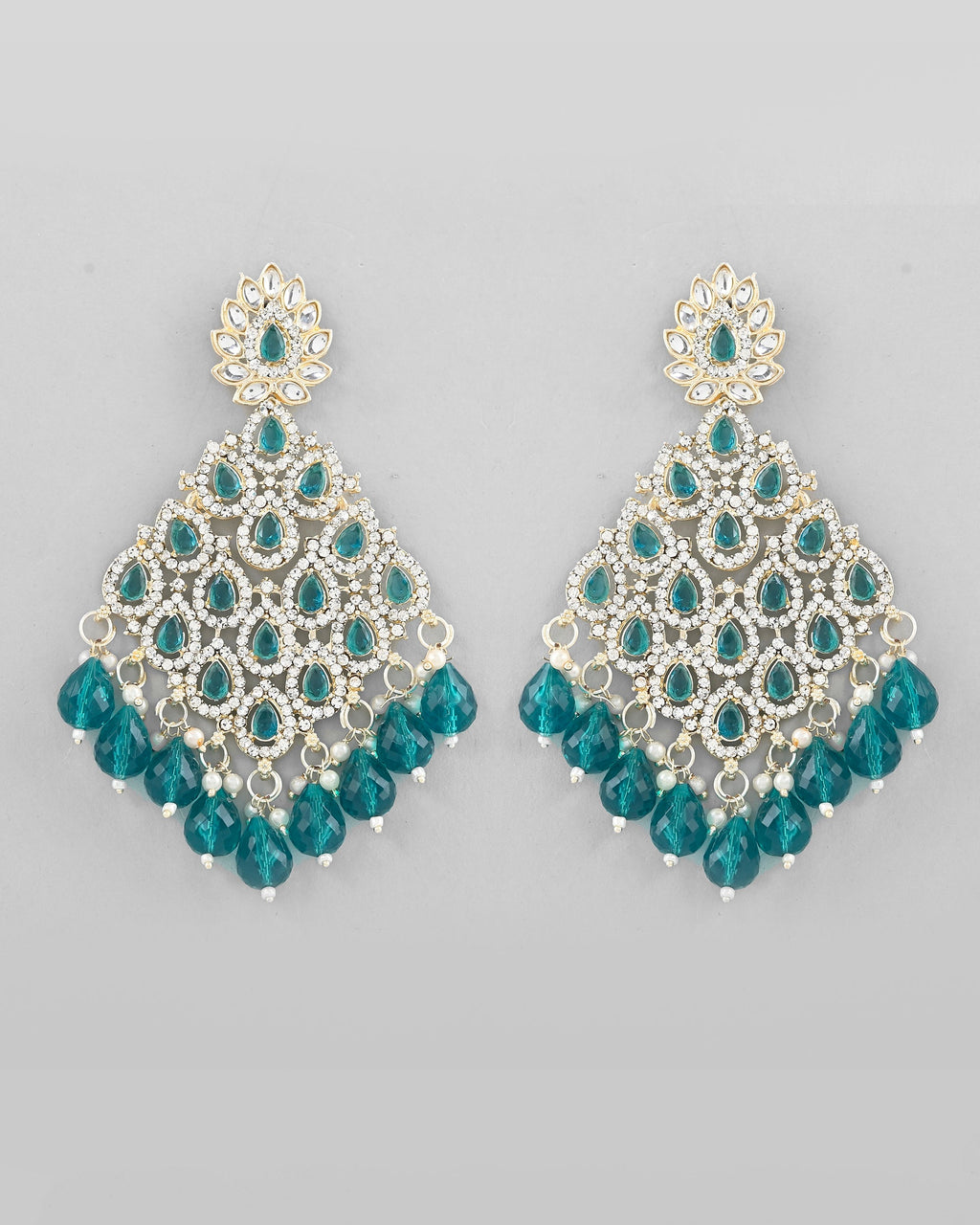 VOJ Traditional Gold-Polished Green & White AD Stone Statement Earrings