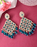 VOJ Traditional Gold-Polished Green & White AD Stone Statement Earrings