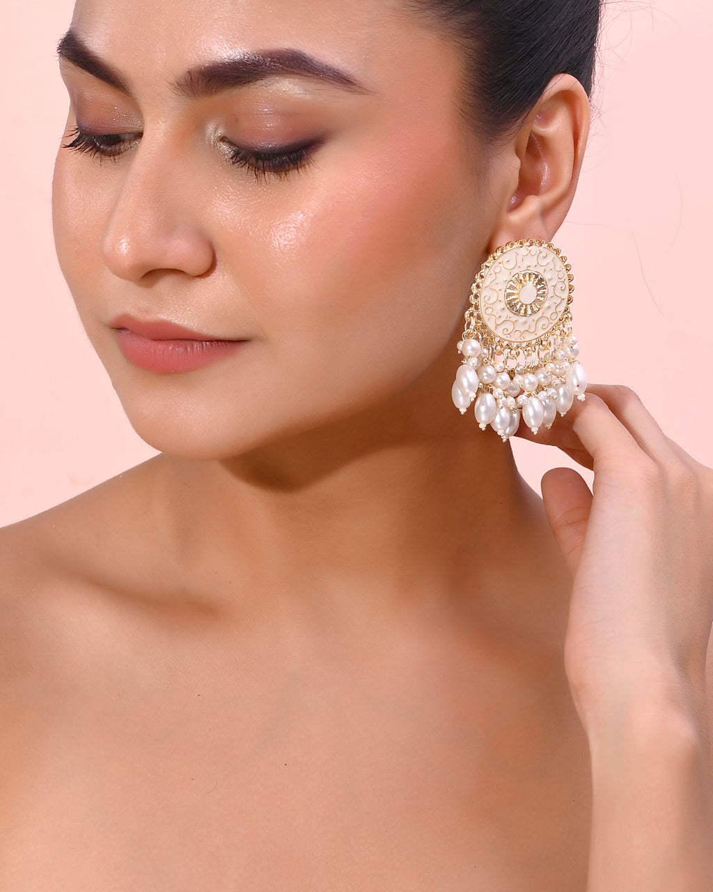 VOJ Gold-Polished White circular Earrings With Pearls
