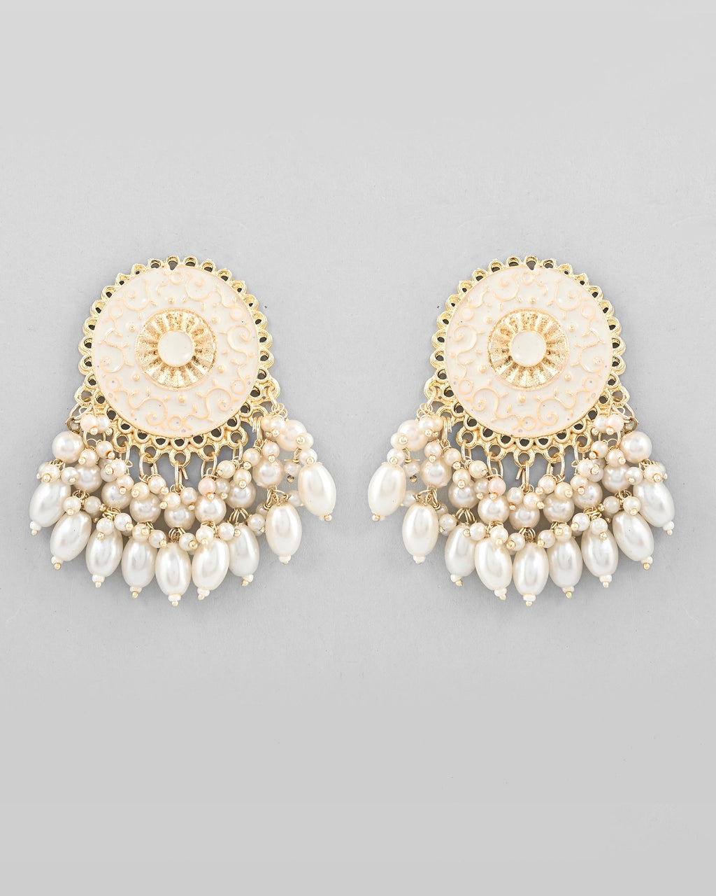 VOJ Gold-Polished White circular Earrings With Pearls