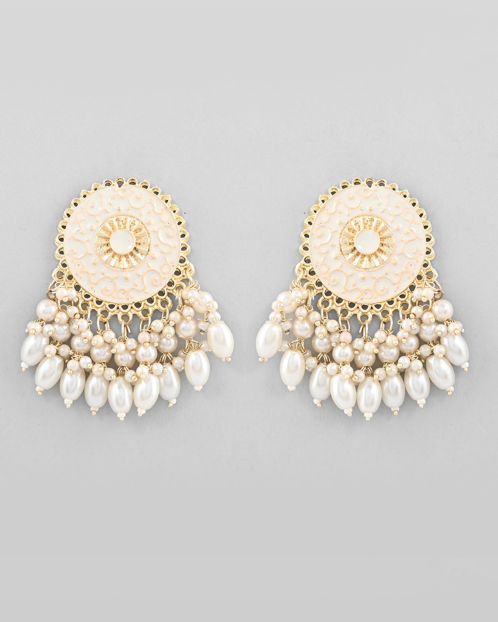 VOJ Gold-Polished White circular Earrings With Pearls