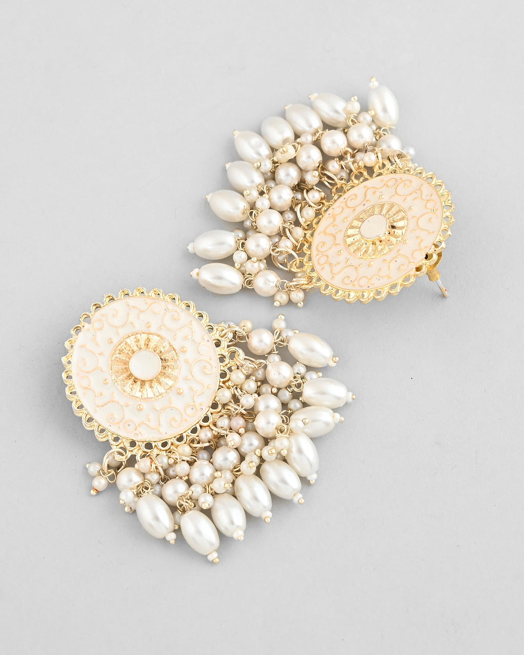 VOJ Gold-Polished White circular Earrings With Pearls