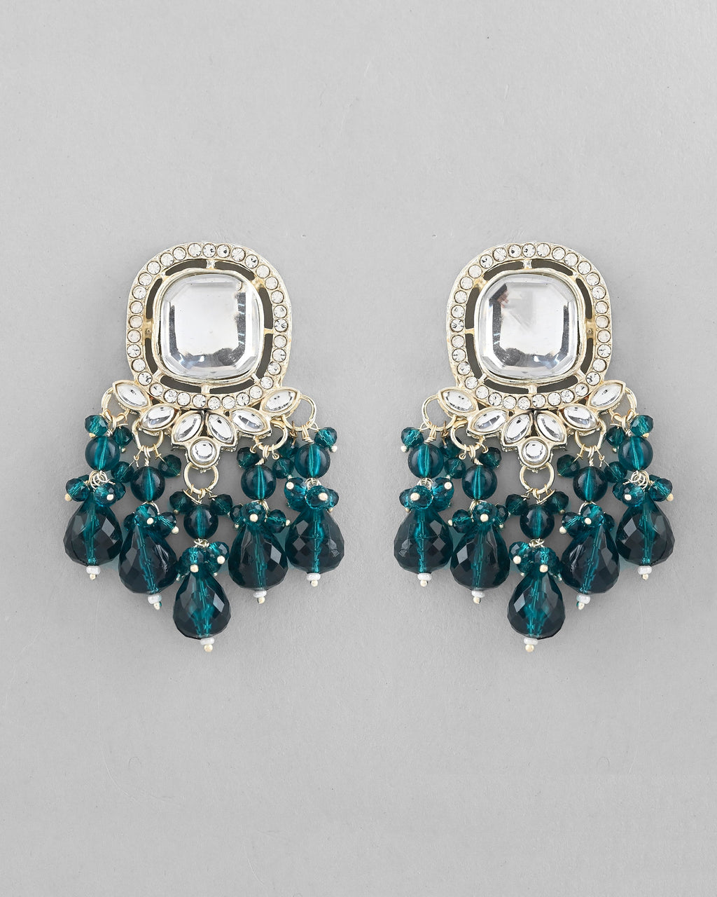 VOJ Silver Plated Kundan Earrings with Teal colour Pearls