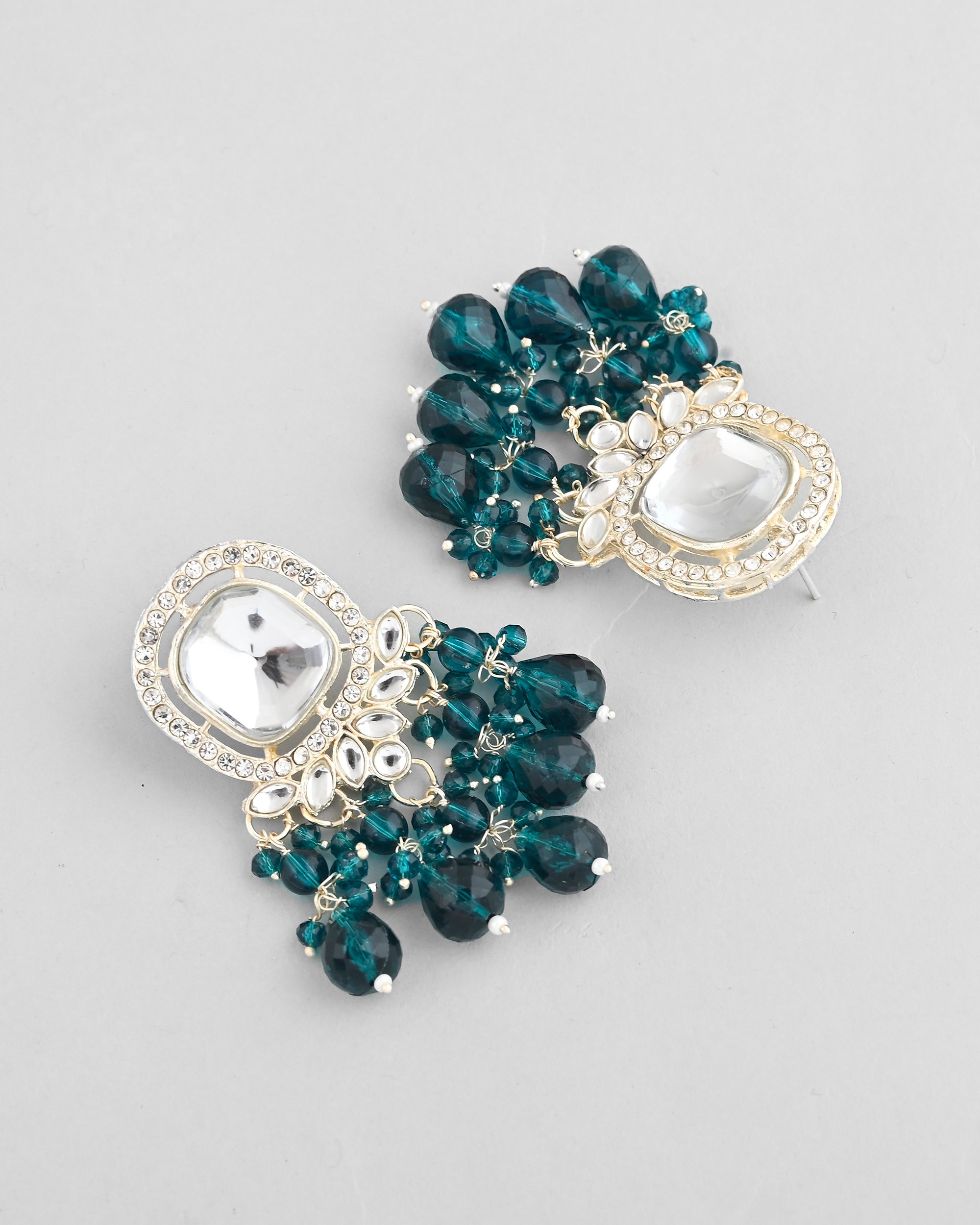 VOJ Silver Plated Kundan Earrings with Teal colour Pearls